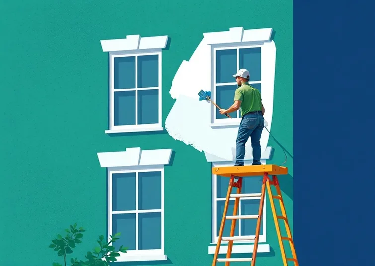 Peintre sur échafaudage traitant la façade d'une maison
