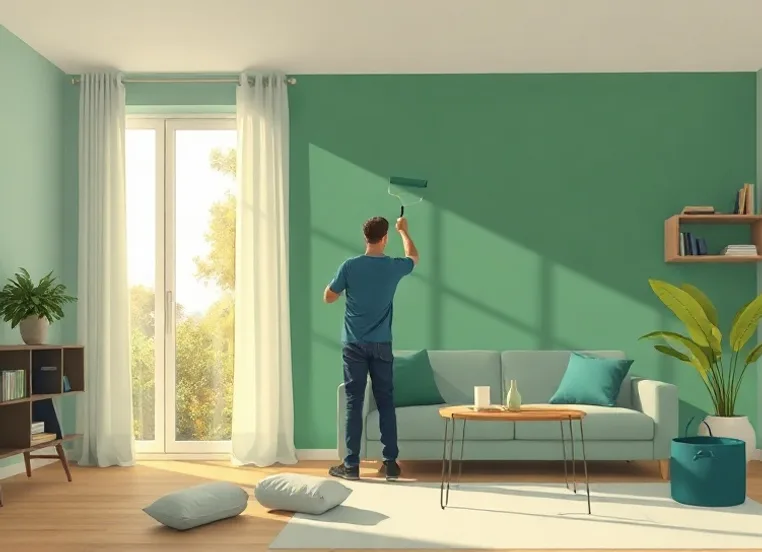 Peintre appliquant la peinture au rouleau sur un mur de salon